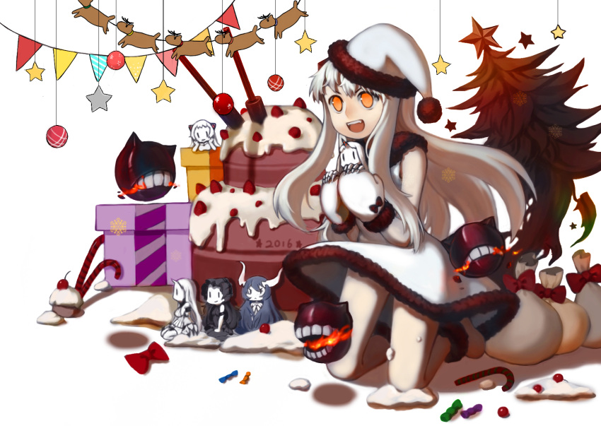 6+girls airfield_hime anchorage_water_oni box cake capter chibi claws dress enemy_aircraft_(kantai_collection) food gift gift_box hat highres horn horns isolated_island_oni kantai_collection kneeling long_hair mittens multiple_girls northern_ocean_hime orange_eyes santa_hat seaport_hime seaport_water_oni shinkaisei-kan white_dress white_hair white_skin
