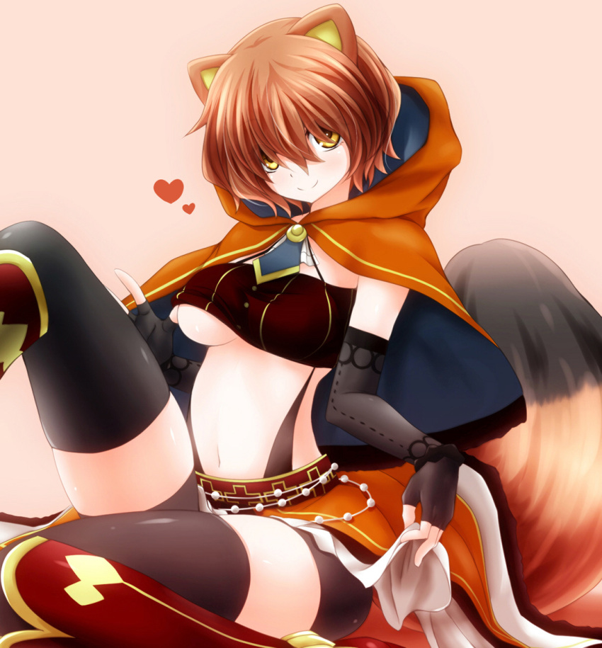 1girl animal_ears bangs bike_shorts black_gloves black_legwear blush boots breasts brooch brown_hair buttons elbow_gloves fingerless_gloves gloves hair_over_eyes heart highres hood hooded_cloak innocent_red jewelry looking_at_viewer midriff navel orange_skirt original pink_background red_boots short_hair shorts_under_skirt simple_background sitting skirt skirt_lift smile solo strapless tail thigh-highs tubetop under_boob watarui wristband yellow_eyes