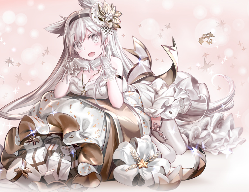 1girl :d blush breasts cleavage gift gloves grey_eyes hair_ornament highres jewelry long_hair mizushirazu necklace open_mouth original silver_hair smile solo