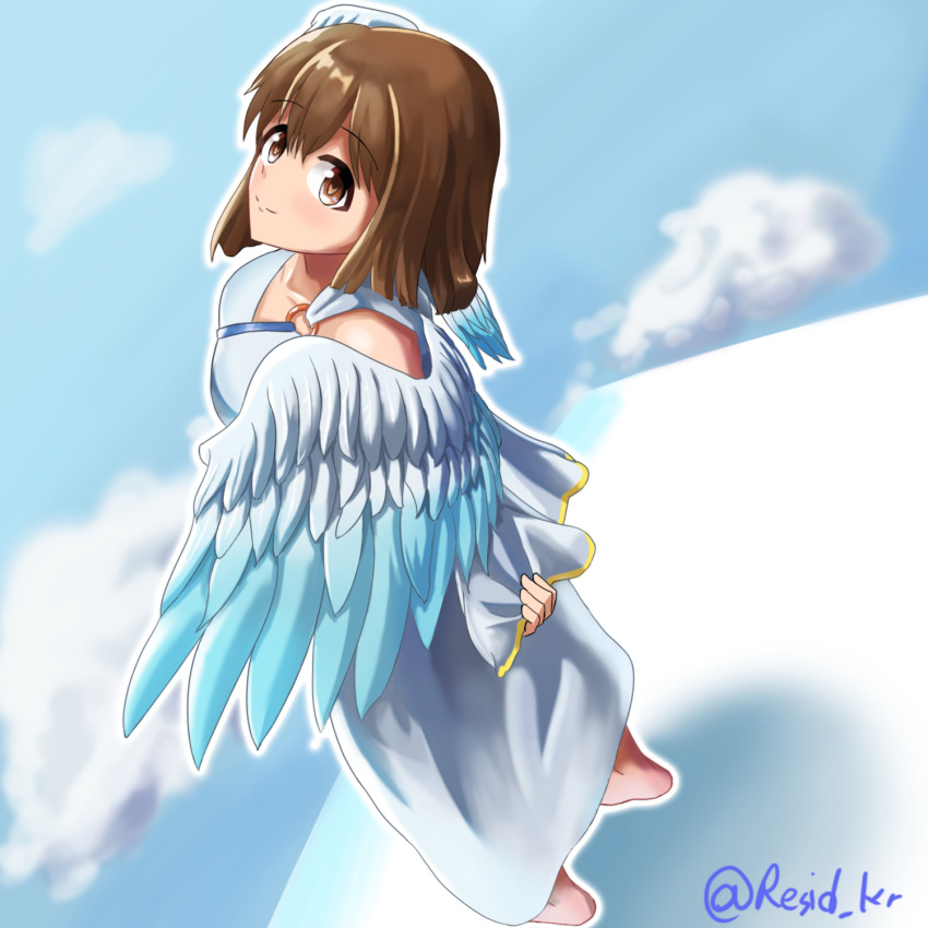 1girl angel angel_wings barefoot brown_eyes brown_hair hagiwara_yukiho highres idolmaster short_hair smile solo wings