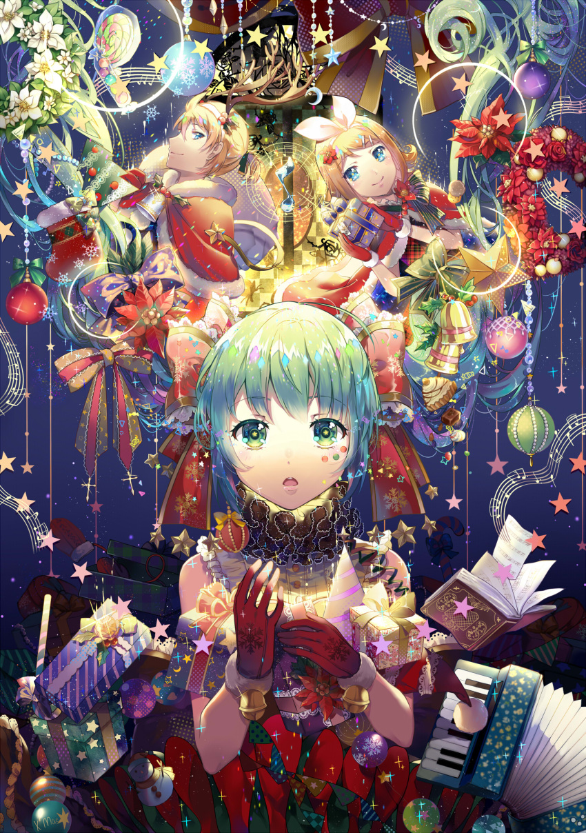 1boy 2girls absurdres antlers aqua_eyes aqua_hair blonde_hair blue_eyes book bow box brother_and_sister christmas christmas_ornaments ekira_nieto gift gift_box hair_bow hair_ornament hair_ribbon hairclip hatsune_miku highres instrument kagamine_len kagamine_rin long_hair multiple_girls musical_note open_mouth piano ribbon short_hair siblings smile snowman solo star star-shaped_pupils symbol-shaped_pupils twins twintails very_long_hair vocaloid wreath