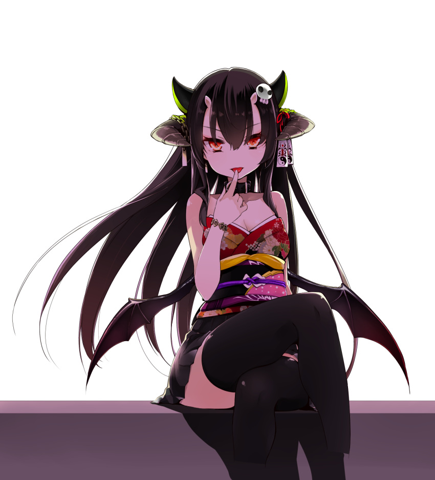 1girl black_hair black_legwear breasts cleavage cropped_legs hair_ornament highres horns japanese_clothes kimono long_hair looking_at_viewer nino_(shira) original red_eyes sitting smile solo thigh-highs tongue tongue_out wings