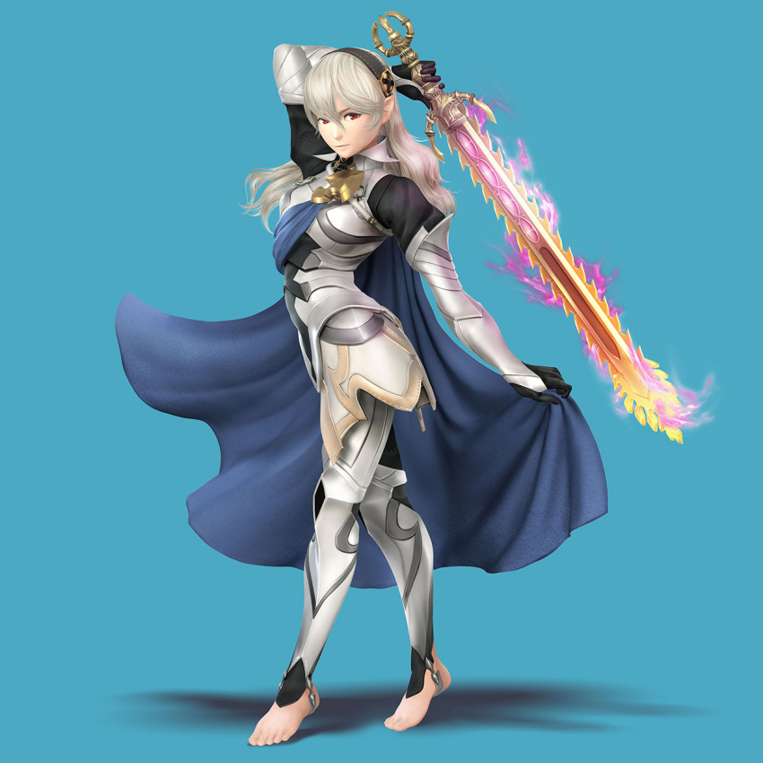 1girl 3d armor barefoot blonde_hair cape chainsaw feet fire fire_emblem fire_emblem_if highres long_hair model my_unit_(fire_emblem_if) official_art pointy_ears red_eyes super_smash_bros. sword tiptoes toeless_legwear toeless_socks weapon