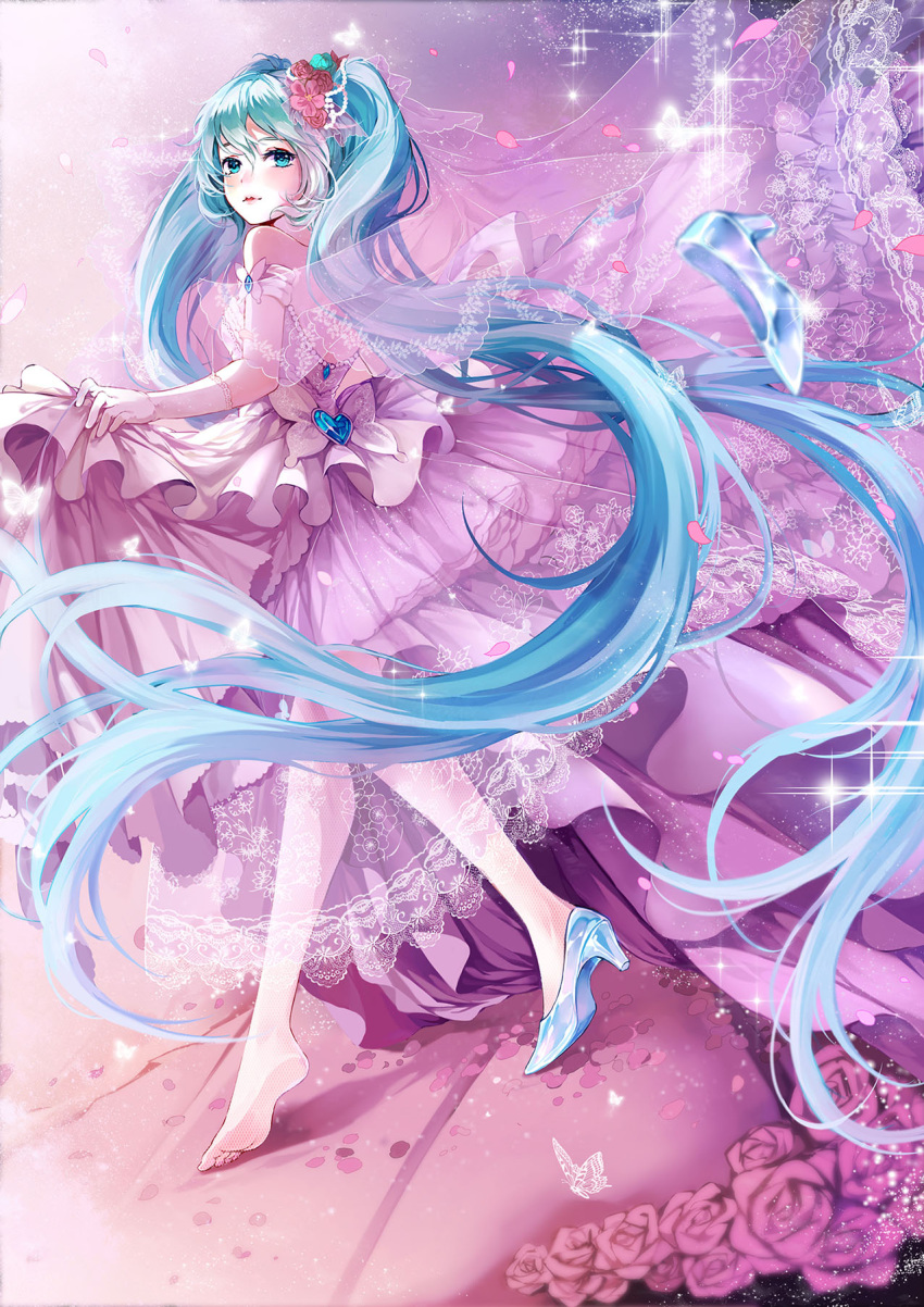 1girl alternate_costume back bangs bare_shoulders beads blue_eyes blue_hair blue_shoes blurry bow bridal_veil bride butterfly colored_eyelashes dress dutch_angle fishnet_pantyhose fishnets flower from_behind gem glass_slipper gloves glowing_butterfly hair_beads hair_flower hair_ornament hatsune_miku heart high_heels highres koyuiko lace-trimmed_dress lace-trimmed_gloves lipstick long_dress long_hair looking_at_viewer looking_back makeup no_shoes pantyhose parted_lips petals pink_lipstick pink_rose rose see-through shoes shoes_removed single_shoe skirt_hold soles solo sparkle strapless_dress twintails veil very_long_hair vocaloid white_bow white_dress white_gloves white_legwear