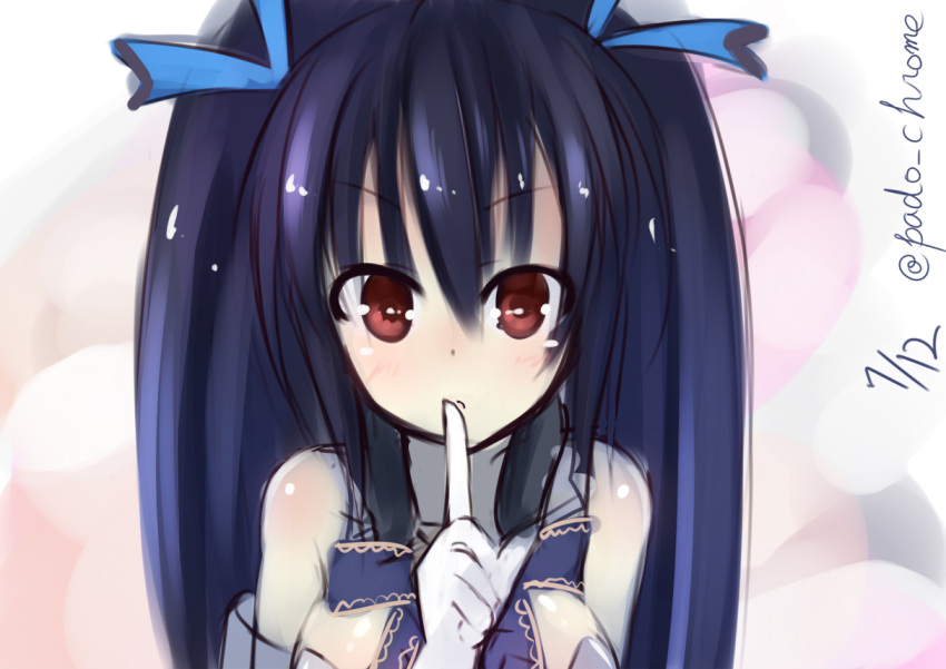 1girl artist_name bare_shoulders black_hair blush breasts finger_to_mouth gloves hair_ornament long_hair looking_at_viewer neptune_(series) noire open_mouth padocchi_(kurokitsune) red_eyes ribbon sketch solo twintails