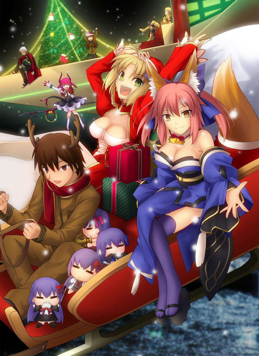 ahoge animal_ears archer bb_(fate/extra_ccc) blonde_hair caster_(fate/extra) character_request christmas fate/extra fate/grand_order fate_(series) fox_ears fox_tail gilgamesh hat highres kishinami_hakuno_(female) kishinami_hakuno_(male) lancer_(fate/extra_ccc) matou_sakura migiha nero_claudius_(fate)_(all) passion_lip saber_extra santa_hat sleigh tail tamamo_no_mae_(fate) type-moon vimana