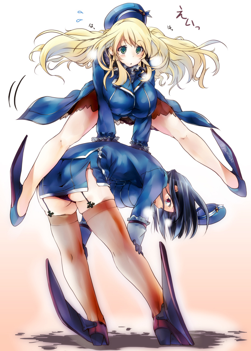2girls artist_name ass atago_(kantai_collection) bent_over beret black_gloves black_hair blonde_hair blush breasts flying_sweatdrops garter_straps gloves gradient gradient_background green_eyes hanging_breasts hat highres kantai_collection kousaka_yami large_breasts leap_frog lingerie long_hair military military_uniform multiple_girls pink_background red_eyes short_hair side_slit simple_background spread_legs standing takao_(kantai_collection) thigh-highs triangle_mouth underwear uniform
