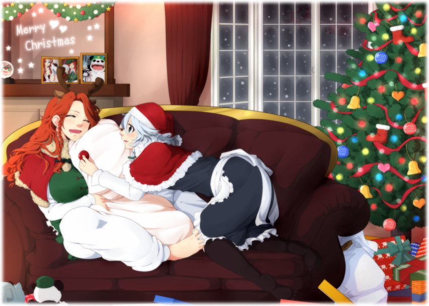 2girls alternate_hairstyle annotated antlers apron blue_dress blue_eyes braid breasts capelet chinese_clothes christmas christmas_lights christmas_tree commentary_request couch curtains dress hair_between_eyes hair_ribbon hat hong_meiling hong_meiling_(panda) indoors izayoi_sakuya large_breasts lying_on_person multiple_girls neko_majin on_couch open_mouth pants portrait_(object) red_nose reindeer_antlers ribbon santa_claus santa_hat short_hair silhouette silver_hair sleeping snowing touhou tress_ribbon twin_braids waist_apron wavy_hair white_pants younger