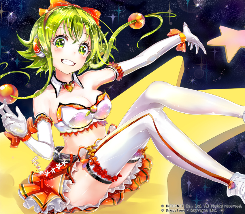 1girl breasts copyright_name detached_sleeves gloves green_eyes green_hair gumi headphones looking_at_viewer miniskirt short_hair_with_long_locks skirt smile solo soramu star thigh-highs vocaloid white_gloves white_legwear