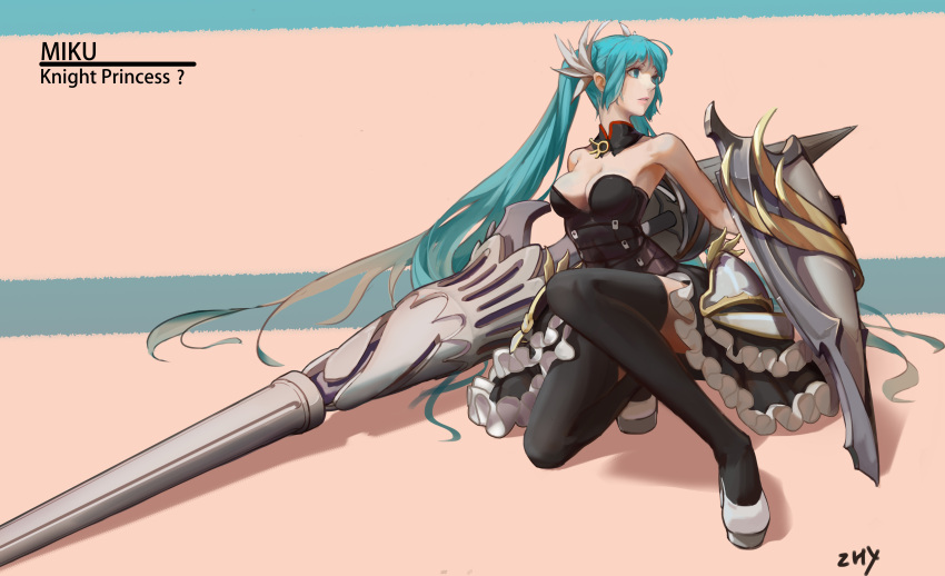 absurdres armor breasts cleavage dress hatsune_miku highres knight lance no_bra polearm shield thigh-highs vocaloid weapon z.h.y
