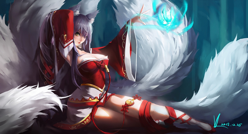 1girl ahri animal_ears arm_behind_head blue_hair breasts detached_sleeves dress energy_ball fox_ears hair_over_one_eye highres impossible_clothes large_breasts league_of_legends lips lipstick long_hair looking_at_viewer makeup miniskirt multiple_tails off_shoulder red_dress sitting skirt tail vafar7 white_skirt wide_sleeves