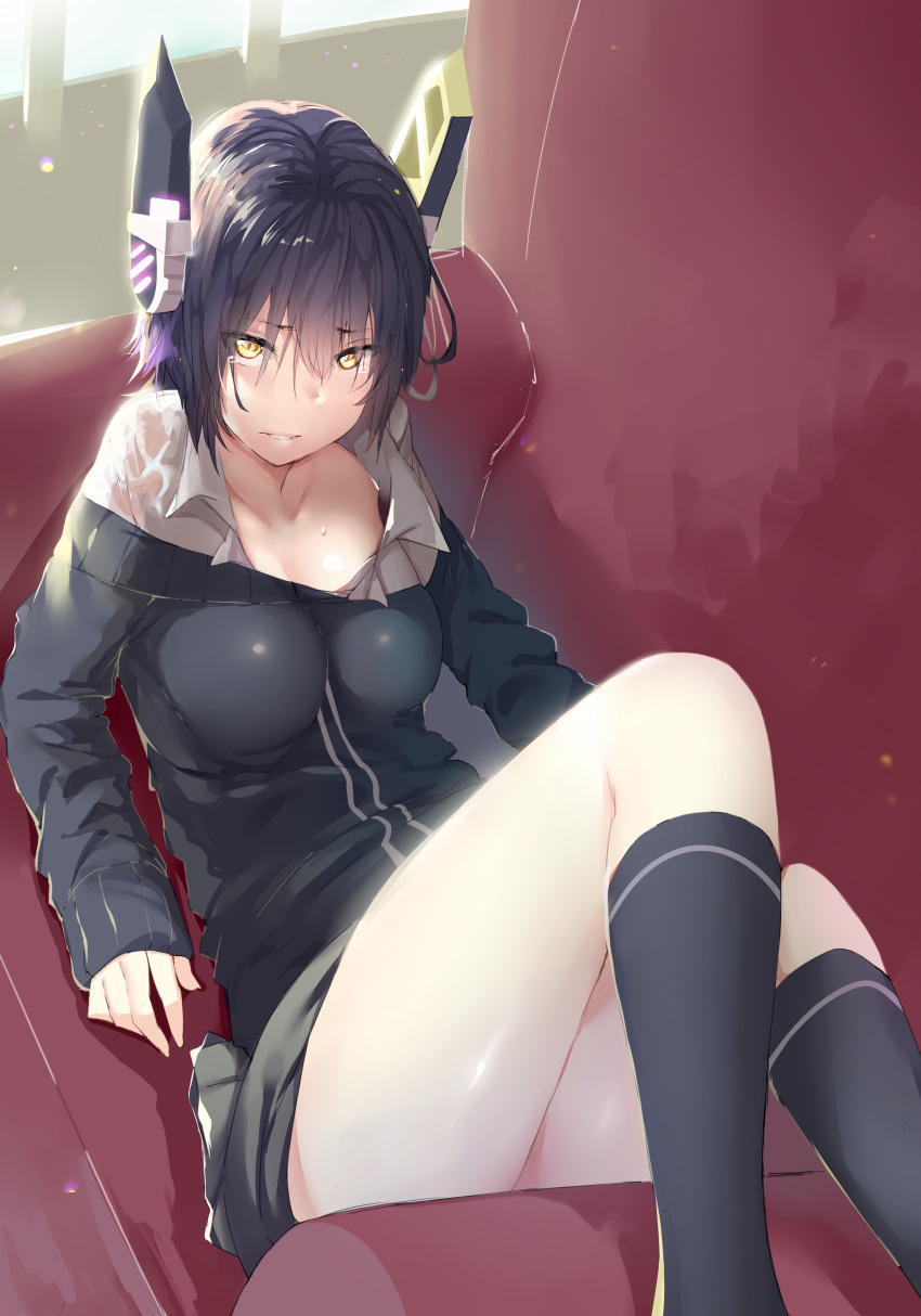 1girl absurdres artist_name blush breasts clothes_pull couch headgear hews_hack highres kantai_collection looking_at_viewer lying no_eyepatch on_back open_clothes open_shirt purple_hair school_uniform shirt short_hair skirt solo sweat sweater sweater_pull tears tenryuu_(kantai_collection) yellow_eyes