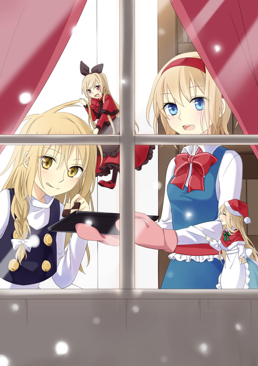 2girls alice_margatroid apron black_dress blonde_hair blue_dress blue_eyes bow braid capelet cookie curtains dress food hair_pull hair_ribbon hairband hat highres hourai_doll kirisame_marisa licking_lips long_hair long_sleeves looking_out_window mittens multiple_girls open_mouth pointing red_dress red_eyes ribbon santa_hat sash shanghai_doll shirt single_braid smile snowing tongue tongue_out touhou tray tsuno_no_hito very_long_hair waist_apron yellow_eyes yuri