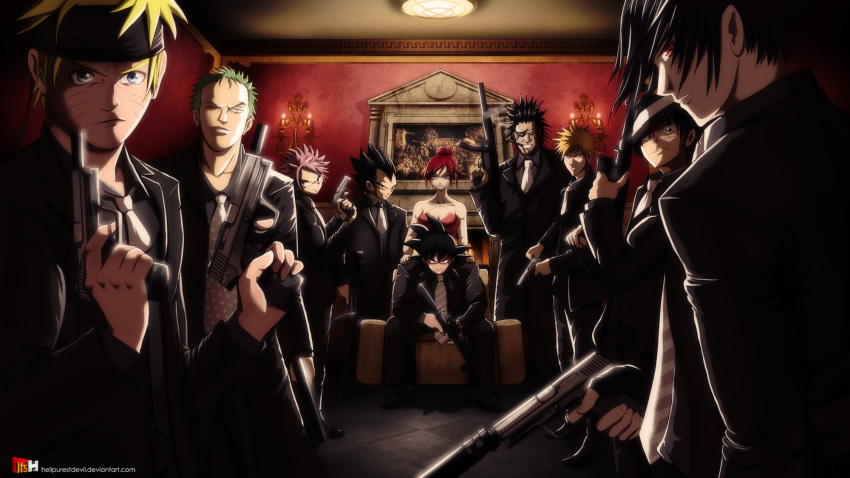 1girl 6+boys black_eyes black_hair bleach blonde_hair blue_eyes cigar crossover dragon_ball dragon_ball_z erza_scarlet eyepatch fairy_tail green_hair gun hat hellpurestdevil highres kurosaki_ichigo monkey_d_luffy multiple_boys naruto natsu_dragneel one_piece orange_hair pink_hair red_eyes redhead roronoa_zoro scar short_hair smoke son_gokuu spiky_hair tagme uchiha_sasuke uzumaki_naruto vegeta weapon zaraki_kenpachi