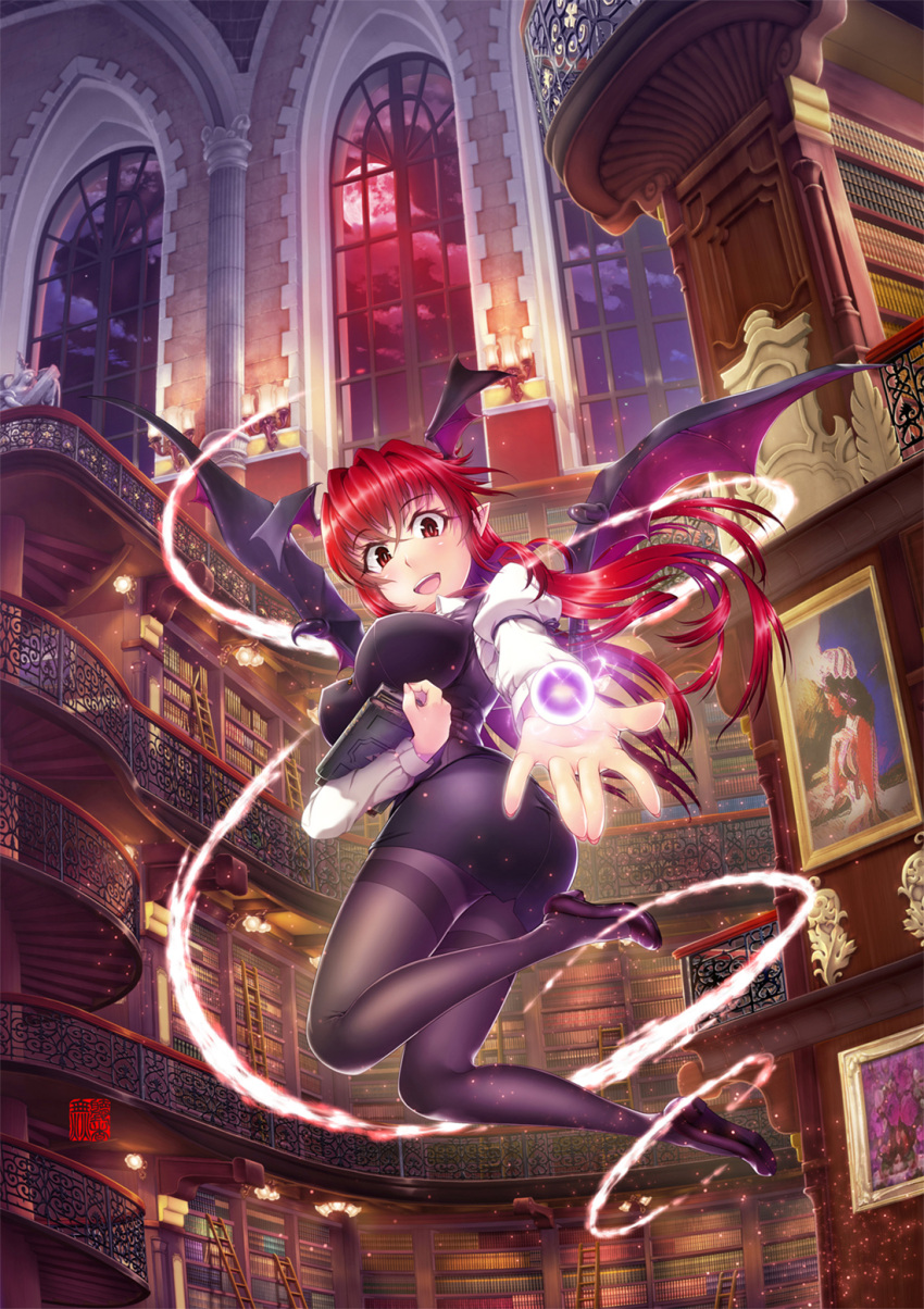 1girl bat_wings black_legwear black_skirt book bookshelf breasts clouds cloudy_sky danmaku energy_ball flying full_body head_wings high_heels highres indoors koakuma large_breasts library long_hair looking_at_viewer moon muchousha office_lady open_mouth pantyhose pencil_skirt red_eyes red_moon redhead skirt sky slit_pupils solo touhou voile wings