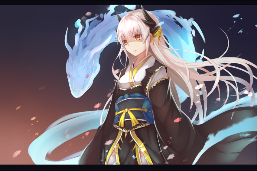 1girl dragon fate/grand_order fate_(series) horns japanese_clothes kimono kiyohime_(fate/grand_order) letterboxed long_hair obi sash shaded_face snake solo wakame_mi white_hair yellow_eyes