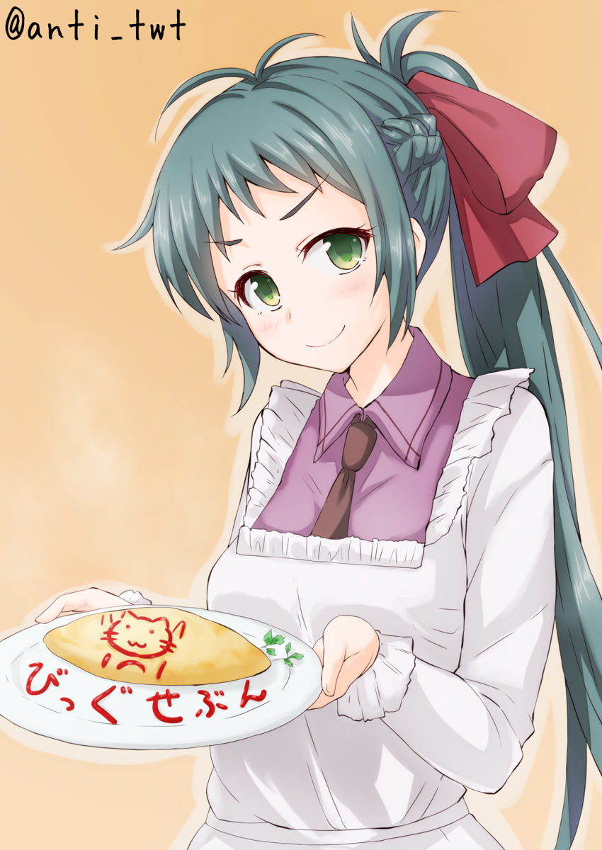 1girl anti_(untea9) apron blush bow brown_necktie cat commentary cowboy_shot curry curry_rice food food_writing frilled_apron frills green_eyes green_hair hair_bow highres irako_(kantai_collection) kantai_collection long_hair long_sleeves necktie orange_background plate ponytail purple_shirt red_bow shirt simple_background smile smug solo translated twitter_username white_apron