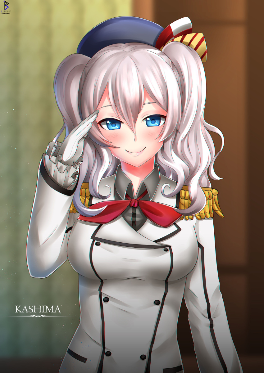 1girl absurdres beret blue_eyes blueriest blush character_name epaulettes frilled_sleeves frills gloves hat highres kantai_collection kashima_(kantai_collection) looking_at_viewer military military_uniform salute short_twintails silver_hair smile solo twintails uniform white_gloves