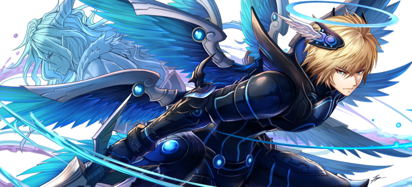 2boys archangel_lucifer bangs blonde_hair blue_eyes blue_wings claw_(weapon) closed_mouth feathered_wings fur_trim gauntlets glowing hair_between_eyes halo head_wings holding_sword holding_weapon horns light_frown long_hair male_focus multiple_boys multiple_wings puzzle_&amp;_dragons sword tenyo0819 visible_air water weapon wings