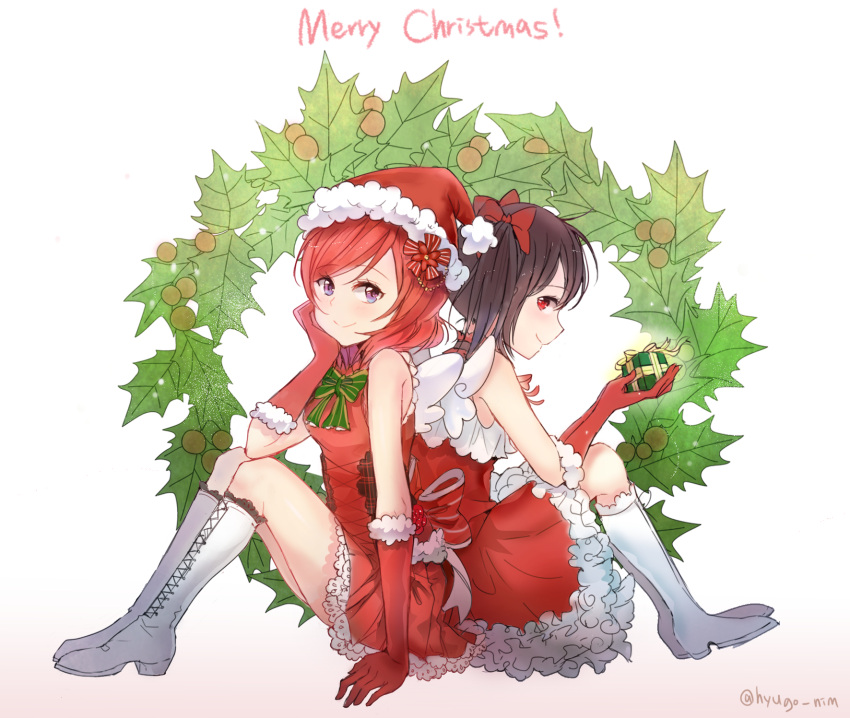 2girls back-to-back black_hair boots bow christmas christmas_wreath dress elbow_gloves gift gloves hair_bow hat head_rest highres holly hyugo knee_boots looking_at_viewer love_live!_school_idol_project merry_christmas multiple_girls nishikino_maki red_dress red_eyes red_gloves redhead santa_hat sitting smile twintails twitter_username violet_eyes white_boots yazawa_nico