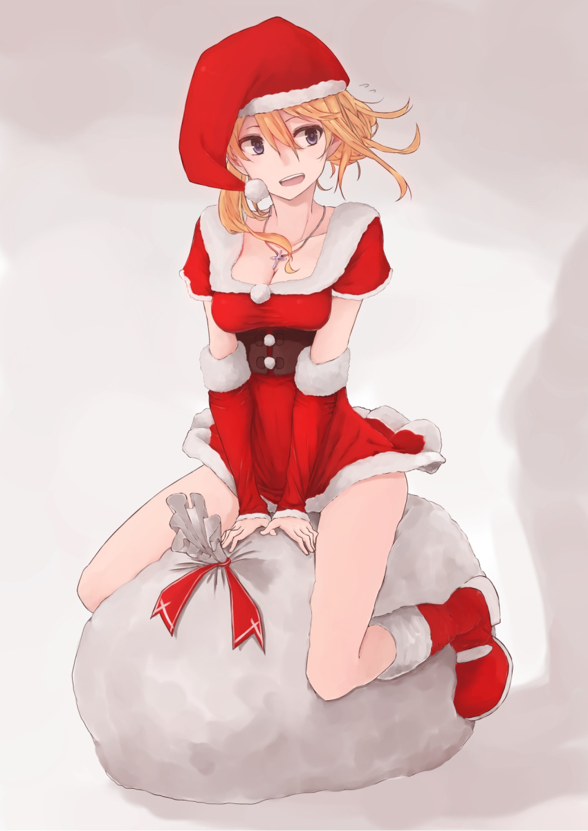 1girl bare_legs blonde_hair boots breasts christmas cleavage hat highres jewelry necklace open_mouth original rucchiifu santa_boots santa_costume santa_hat simple_background solo thighs