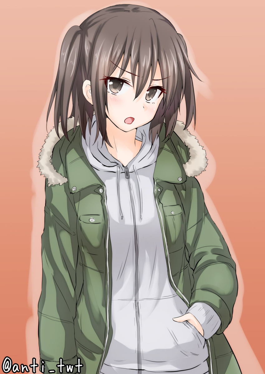 1girl anti_(untea9) bangs blush brown_eyes brown_hair casual cowboy_shot frown green_jacket hand_in_pocket highres hoodie jacket kantai_collection long_sleeves open_clothes open_jacket open_mouth orange_background sendai_(kantai_collection) short_hair simple_background solo twitter_username two_side_up zipper