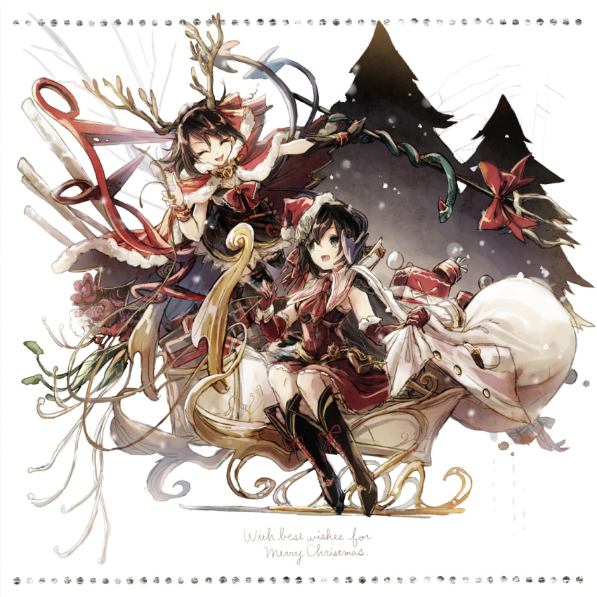 2girls antlers asymmetrical_wings bag black_gloves black_hair boots box brown_hair cape closed_eyes dress elbow_gloves gift gift_box gloves hat hisona_(suaritesumi) houjuu_nue merry_christmas multiple_girls murasa_minamitsu open_mouth polearm red_dress red_gloves reindeer_antlers santa_costume santa_hat sleigh smile snake touhou trident weapon wings