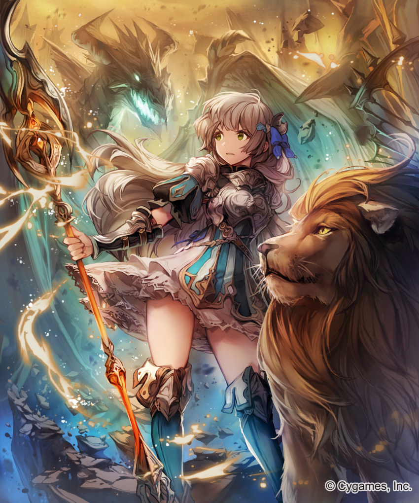 1girl armor belt blonde_hair boots bow contrapposto cygames dragon dress frilled_dress frills gorget green_eyes highres lee_hyeseung lion long_hair looking_to_the_side magic mane parted_lips rubble spaulders staff vambraces