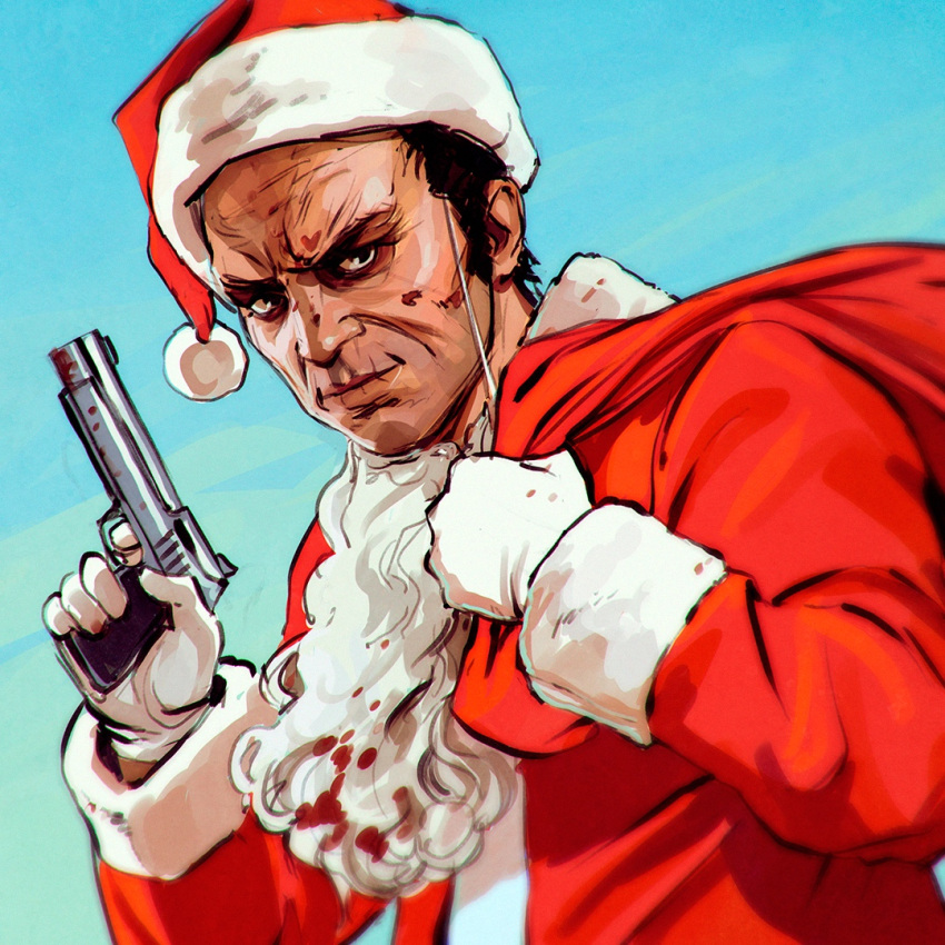 1boy christmas grand_theft_auto_5 gun hat ilya_kuvshinov sack santa_costume santa_hat solo trevor_philips weapon