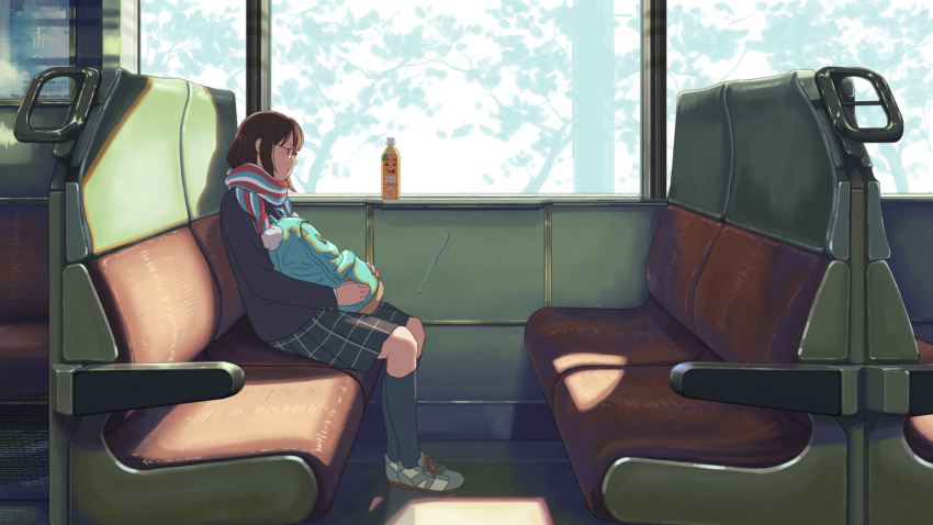 1girl bag bangs black_legwear bottle brown_hair crack cross-laced_footwear from_side glass glasses highres holding_bag isai_shizuka jacket kneehighs long_hair long_sleeves plaid plaid_skirt scarf shade shoes sitting sitting_on_chair skirt sneakers solo striped striped_scarf train train_interior tree water_bottle
