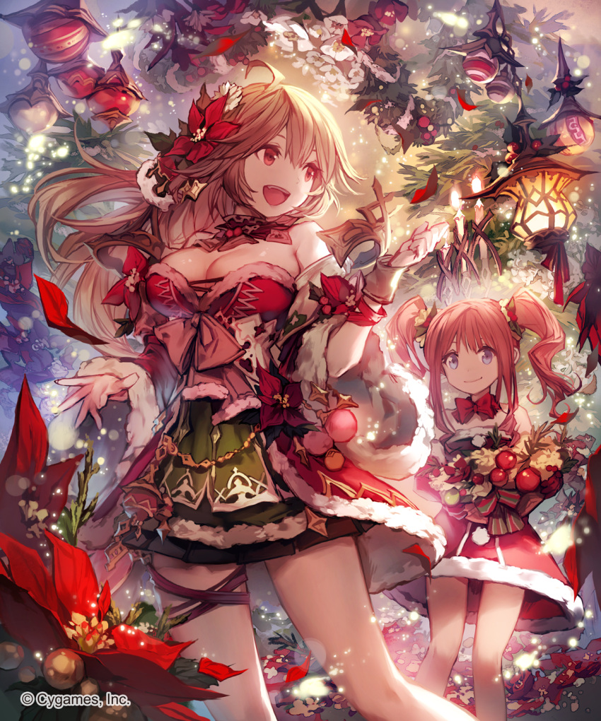 2girls :d ahoge bare_shoulders basket bauble blue_eyes bracelet choker christmas_ornaments christmas_tree cygames flower fur gloves hair_ornament highres jewelry lee_hyeseung long_hair looking_to_the_side miniskirt multiple_girls open_mouth red_eyes redhead skirt smile snow snowing standing thigh_strap twintails wide_sleeves