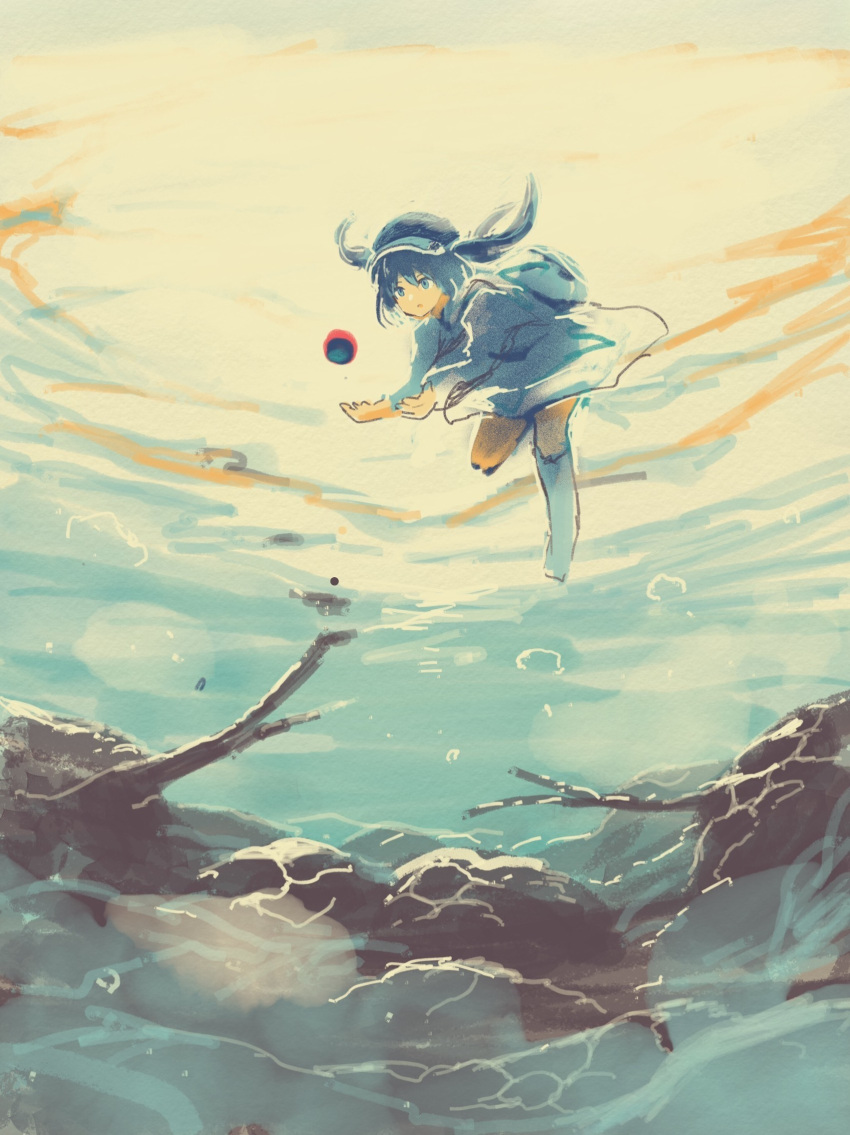 1girl backpack bag blue_eyes blue_hair boots bubble hair_bobbles hair_ornament hat highres kawashiro_nitori kitsune_(kazenouta) long_sleeves rubber_boots shirt sketch skirt solo touhou two_side_up underwater water