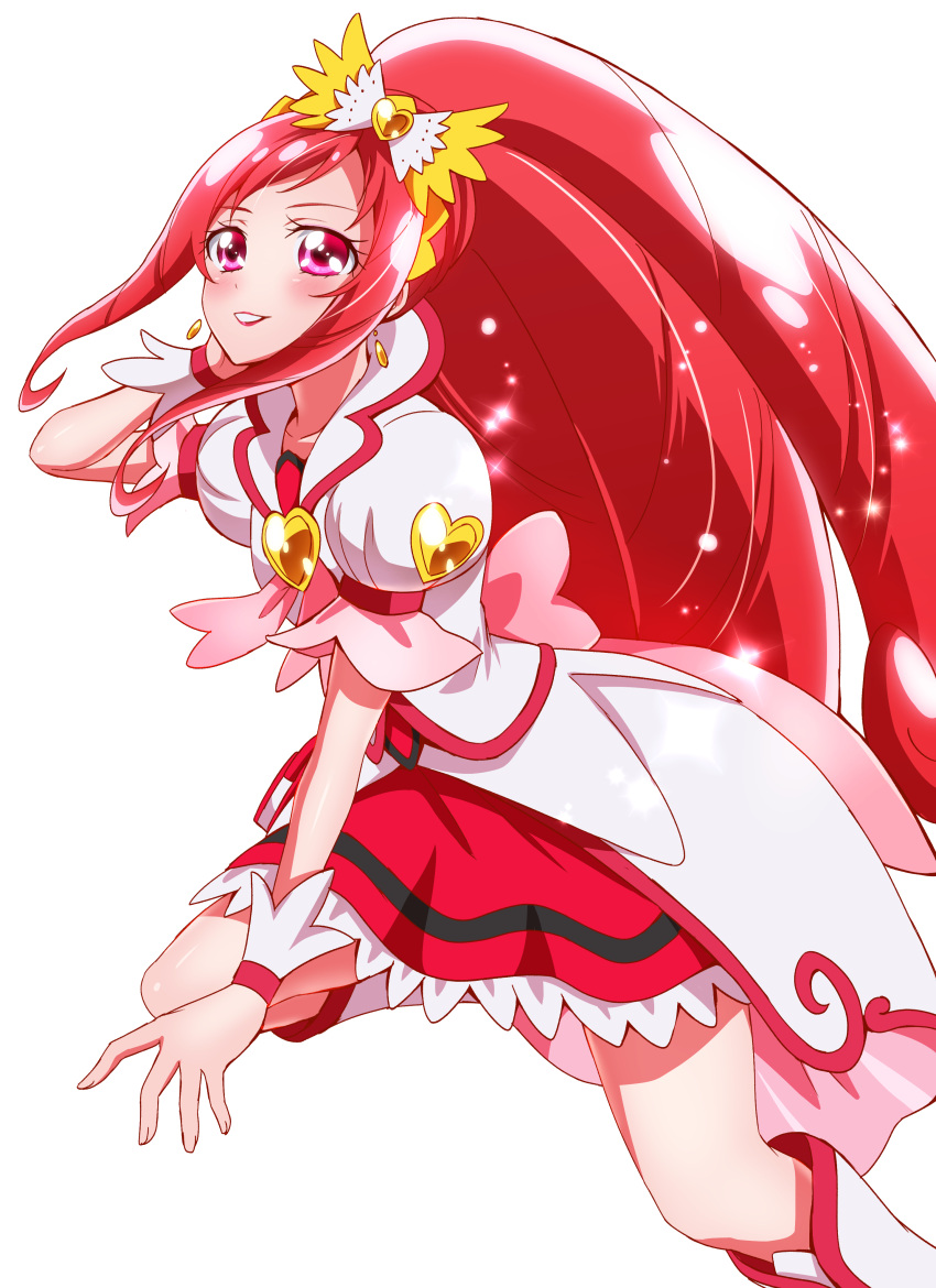 1girl absurdres blush boots bow brooch coat cure_ace dokidoki!_precure earrings hair_bow highres jewelry knee_boots lipstick long_hair madoka_aguri magical_girl makeup precure red_eyes red_lipstick red_skirt redhead sharumon sidelocks skirt smile solo white_background white_boots wrist_cuffs