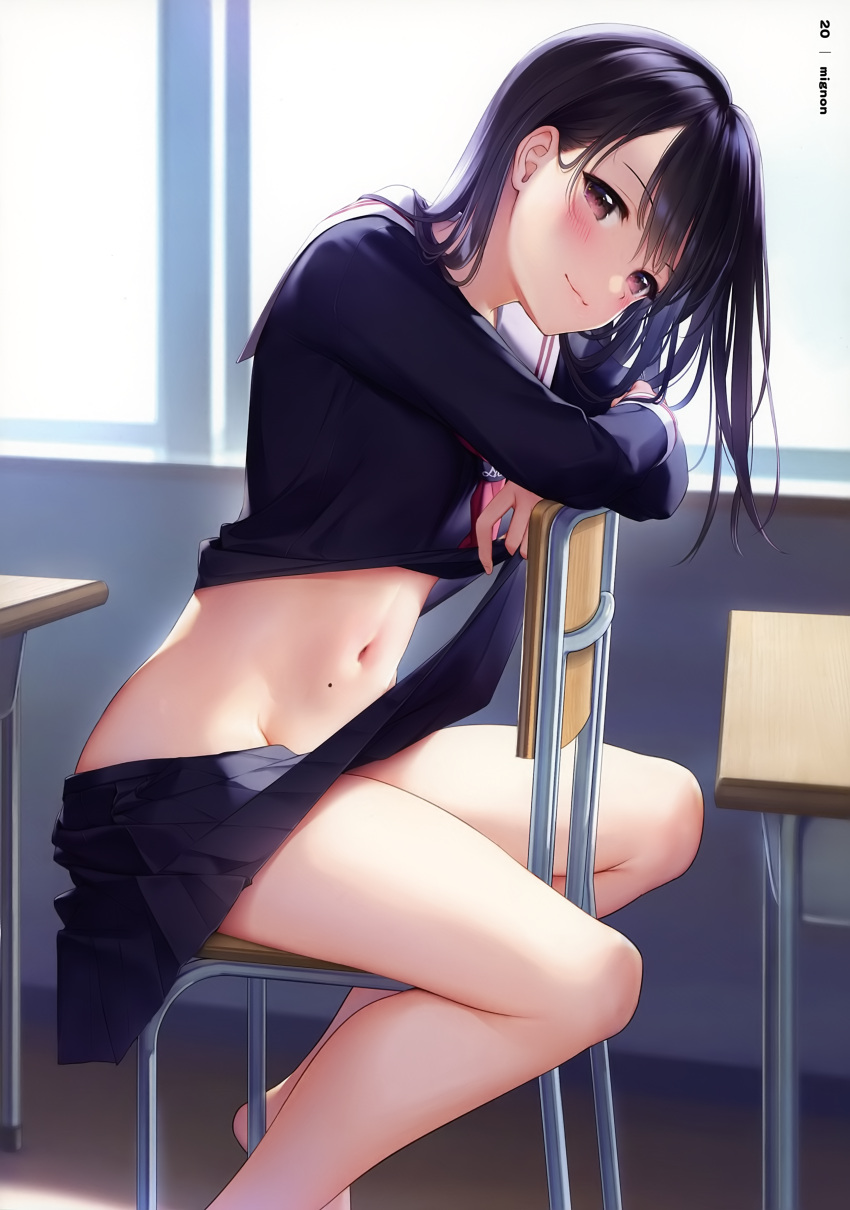 1girl absurdres barefoot black_hair black_serafuku black_shirt black_skirt blush brown_eyes chair clothes_lift crop_top desk groin highres indoors lifted_by_self long_hair looking_at_viewer midriff mignon miniskirt mole mole_on_stomach navel original pleated_skirt sailor_collar scan school_chair school_desk school_uniform serafuku shirt shirt_lift sitting sitting_backwards skirt skirt_lift smile solo stomach thighs window
