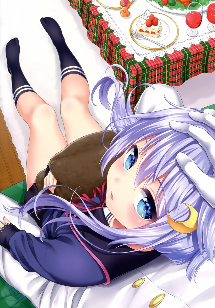 1girl admiral_(kantai_collection) alcohol blue_eyes crescent_hair_ornament cup drinking_glass gloves hair_ornament hand_on_another's_head highres kantai_collection kase_daiki kneehighs looking_at_viewer looking_up military military_uniform naval_uniform petting purple_hair salad scan school_uniform serafuku short_hair strawberry_shortcake uniform wine wine_glass yayoi_(kantai_collection)