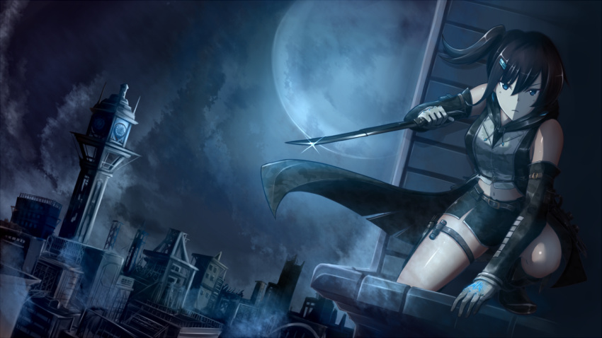 1girl black_hair blue_eyes cityscape clouds cloudy_sky detached_sleeves edwin_(cyberdark_impacts) full_moon hair_ornament hairclip holding looking_at_viewer moon navel night night_sky original side_ponytail sky solo tantou wind