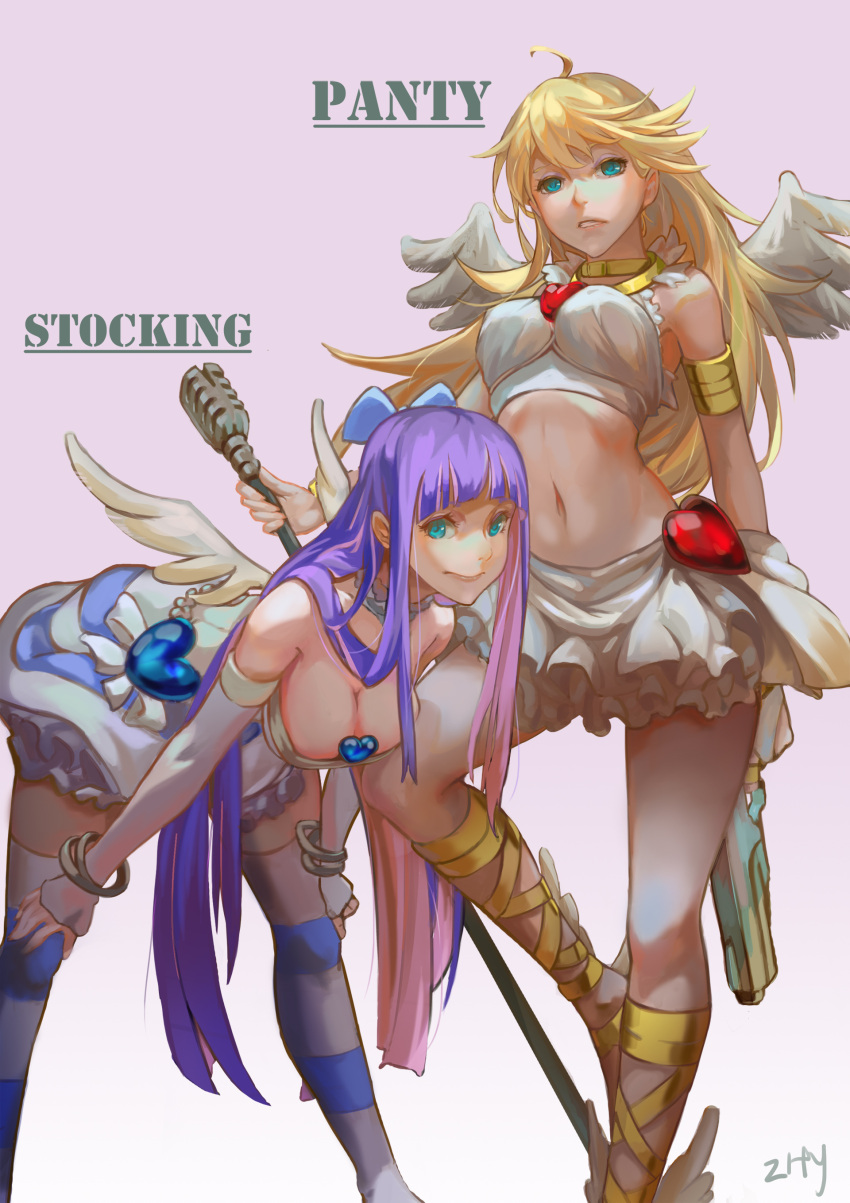 2girls absurdres ahoge angel_wings ankle_wings armlet armpits artist_name bangs bare_shoulders beads bent_over between_breasts blonde_hair blue_bow blue_eyes blue_hair blunt_bangs bow bracelet breasts character_name cleavage closed_mouth crop_top cross-laced_legwear detached_collar detached_sleeves dress feathered_wings frilled_skirt frills gradient gradient_background groin gun hair_bow handgun hands_on_own_knees heart highres holding_gun holding_weapon jewelry long_hair microphone_stand midriff multicolored_hair multiple_girls navel panty_&amp;_stocking_with_garterbelt panty_(psg) pink_hair ribbon ring_necklace signature skirt sleeveless smile standing standing_on_one_leg stocking_(psg) stomach strapless_dress striped striped_legwear thigh-highs two-tone_hair very_long_hair weapon white_ribbon white_skirt white_wings wings yellow_ribbon z.h.y