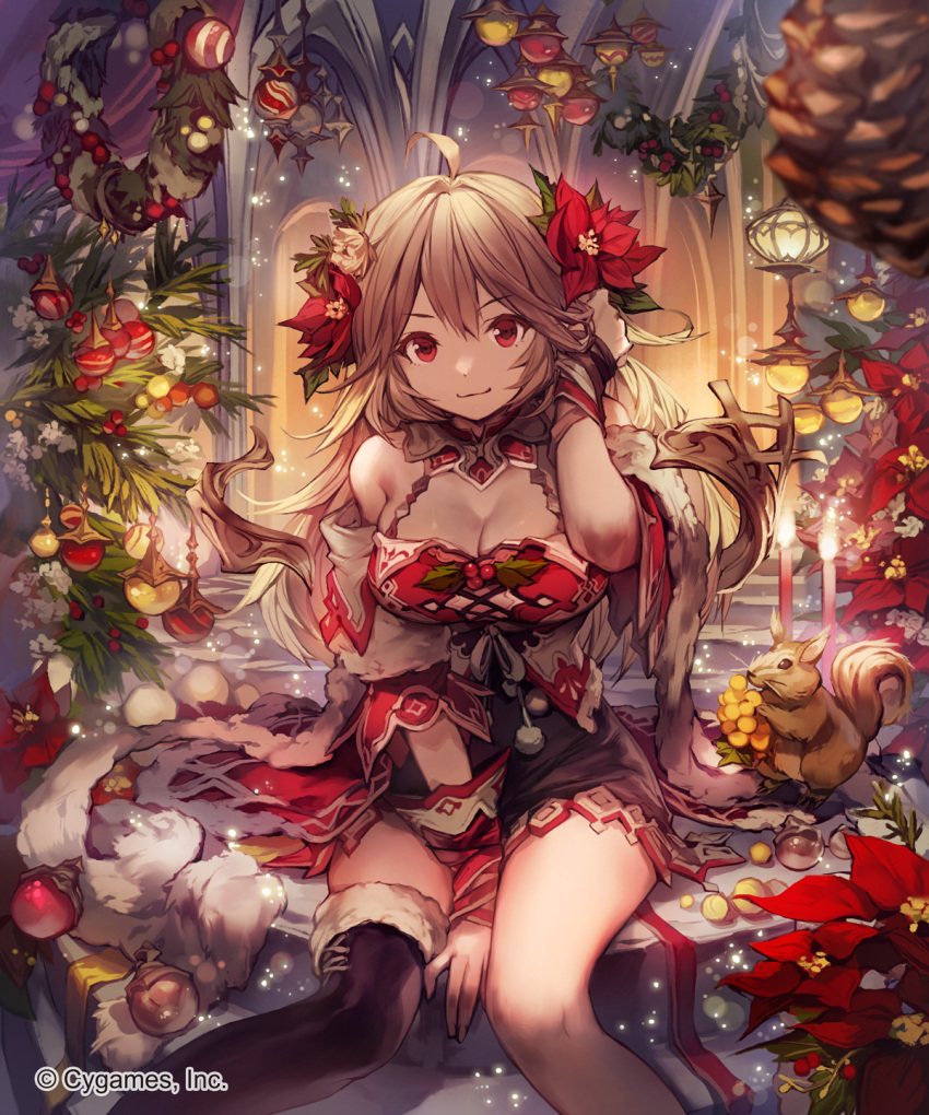 1girl adjusting_hair arch asymmetrical_clothes bauble between_legs blonde_hair breasts christmas_ornaments cleavage cygames gloves hand_between_legs highres large_breasts lee_hyeseung long_hair miniskirt red_eyes single_thighhigh sitting skirt smile squirrel thigh-highs