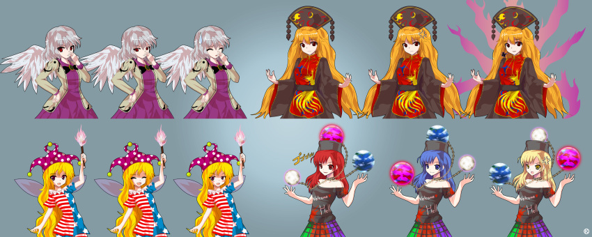 4girls alphes_(style) american_flag_legwear american_flag_shirt anger_vein bare_shoulders blonde_hair blue_eyes blue_hair blush_stickers bow chain chinese_clothes closed_eyes clownpiece collar dress fairy_wings hat hecatia_lapislazuli highres holding jacket jester_cap junko_(touhou) kaoru_(gensou_yuugen-an) kishin_sagume long_hair long_sleeves looking_at_viewer multiple_girls neck_ruff open_mouth orb parody pose red_eyes redhead shirt short_hair short_sleeves silver_hair single_wing smile striped striped_legwear striped_shirt style_parody sweatdrop torch touhou violet_eyes wide_sleeves wings