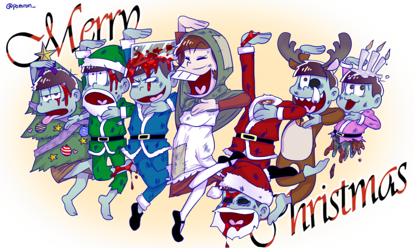 6+boys animal_costume blood blue_skin brothers brown_hair buck_teeth candle christmas_tree_costume facial_hair iyami knife_in_head little_match_girl male_focus matsuno_choromatsu matsuno_ichimatsu matsuno_juushimatsu matsuno_karamatsu matsuno_osomatsu matsuno_todomatsu merry_christmas multiple_boys mustache no_pupils osomatsu-kun osomatsu-san parody patch reindeer_costume santa_costume sextuplets sheeeh! siblings smile zombie