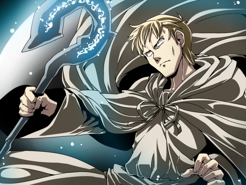 1boy blonde_hair cape cloak highres holding mage male_focus outstretched_arm record_of_lodoss_war runes serious short_hair slayn solo staff tsuki_wani very_short_hair