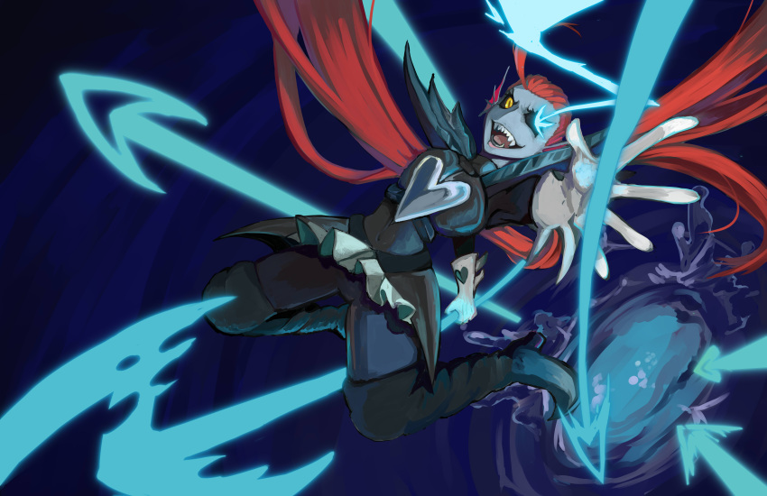 1girl :d absurdres alternate_hair_length alternate_hairstyle armor azuzatori black_sclera blue_skin boots energy_spear energy_weapon gloves glowing glowing_eyes head_fins heart heterochromia highres holding_spear long_hair monster_girl open_mouth polearm redhead sharp_teeth smile solo spear spoilers undertale undyne undyne_the_undying very_long_hair weapon yellow_eyes