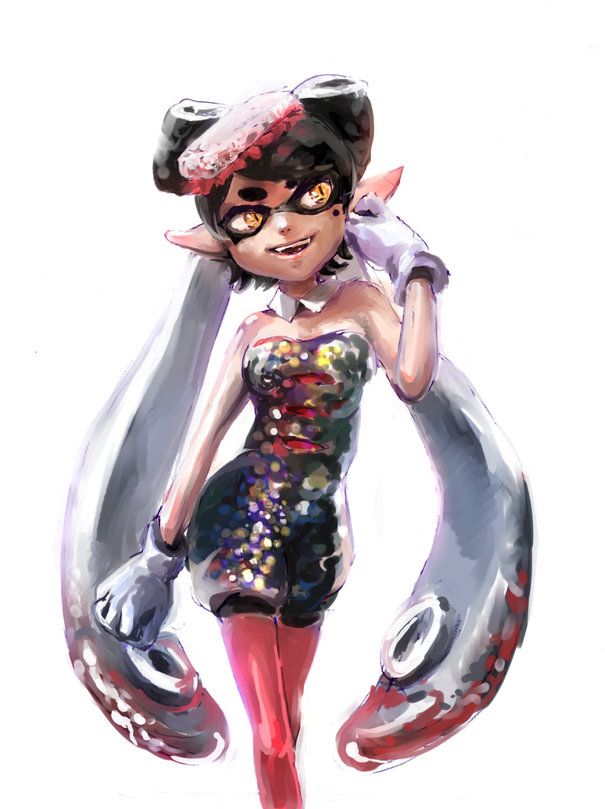 1girl aori_(splatoon) bare_shoulders black_dress black_hair bow detached_collar domino_mask dress food food_on_head gloves hair_bow hand_in_hair highres long_hair mask mole mole_under_eye object_on_head open_mouth orange_eyes pantyhose pointy_ears red_legwear short_jumpsuit simple_background smile solo splatoon strapless strapless_dress tentacle_hair tentacles white_background white_gloves
