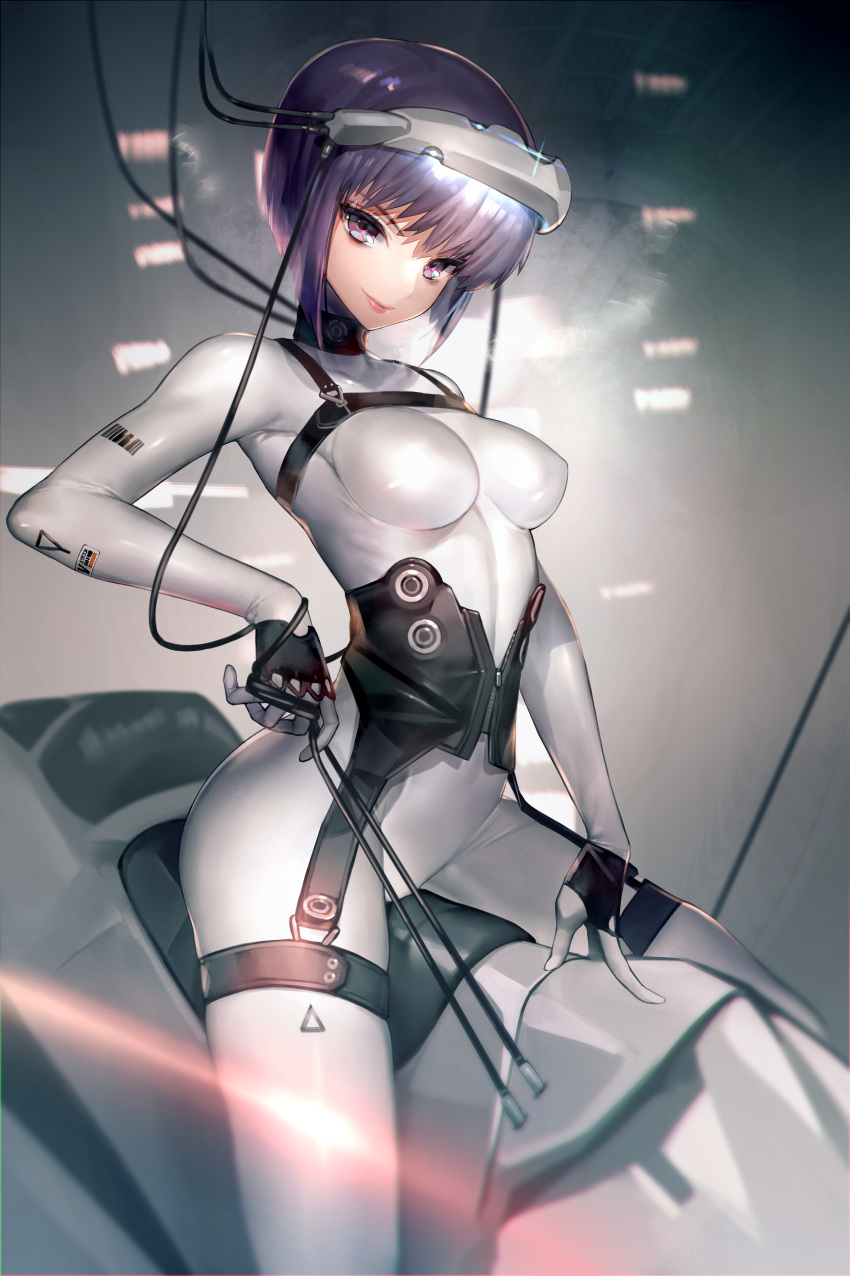 1girl absurdres arched_back bangs belt blurry bodysuit breasts buckle cable closed_mouth clothes_writing corset ghost_in_the_shell gloves highres hitowa kusanagi_motoko lips looking_at_viewer purple_hair ribs riding short_hair smile solo zipper