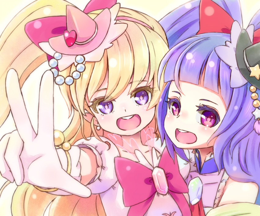 2girls :d asahina_mirai blonde_hair blue_hair bow cure_magical cure_miracle gloves hair_bow hat heart izayoi_liko long_hair looking_at_viewer magical_girl mahou_girls_precure! multiple_girls open_mouth pink_eyes ponytail precure shijimi_(michikusa_honpo) smile v violet_eyes white_gloves witch_hat