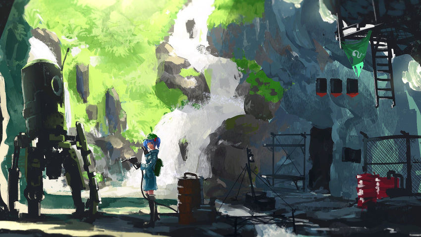 1girl backpack bag blue_hair blurry boots cave chain-link_fence fence gas_pump_nozzle gas_tank hair_bobbles hair_ornament hat highres kaatoso kawashiro_nitori knee_boots ladder looking_at_viewer mecha one_eye_closed robot scenery shadow smile solo touhou twintails v water waterfall