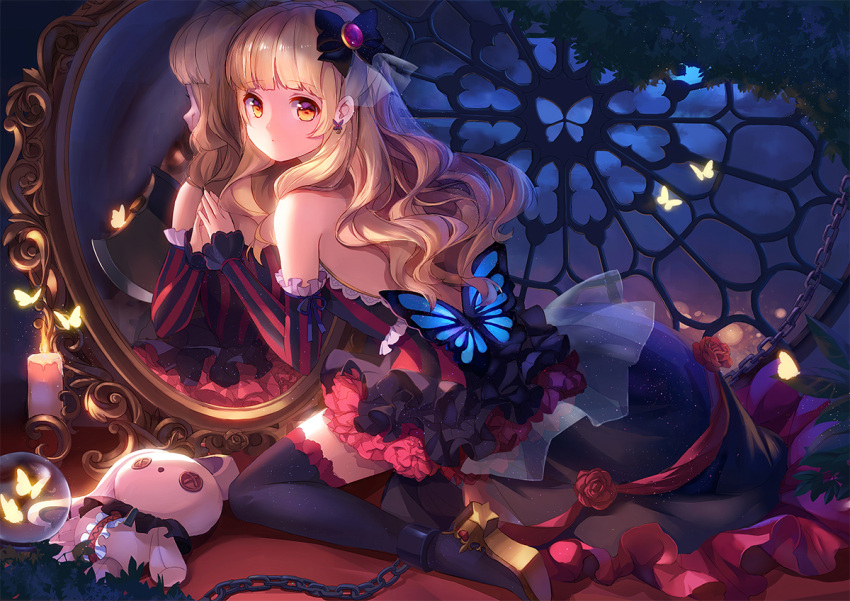 1girl axe black_legwear blonde_hair butterfly chain chained dress earrings high_heels jewelry long_hair mayu_(vocaloid) mirror night orange_eyes sky stellarism stuffed_animal stuffed_bunny stuffed_toy thigh-highs vocaloid weapon