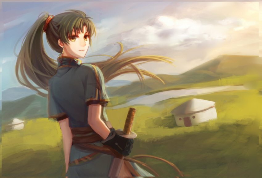 1girl black_gloves earrings fire_emblem fire_emblem:_rekka_no_ken gloves green_eyes green_hair highres holding_sword holding_weapon jewelry liangxieyue looking_at_viewer looking_back lyndis_(fire_emblem) outdoors ponytail solo sword weapon