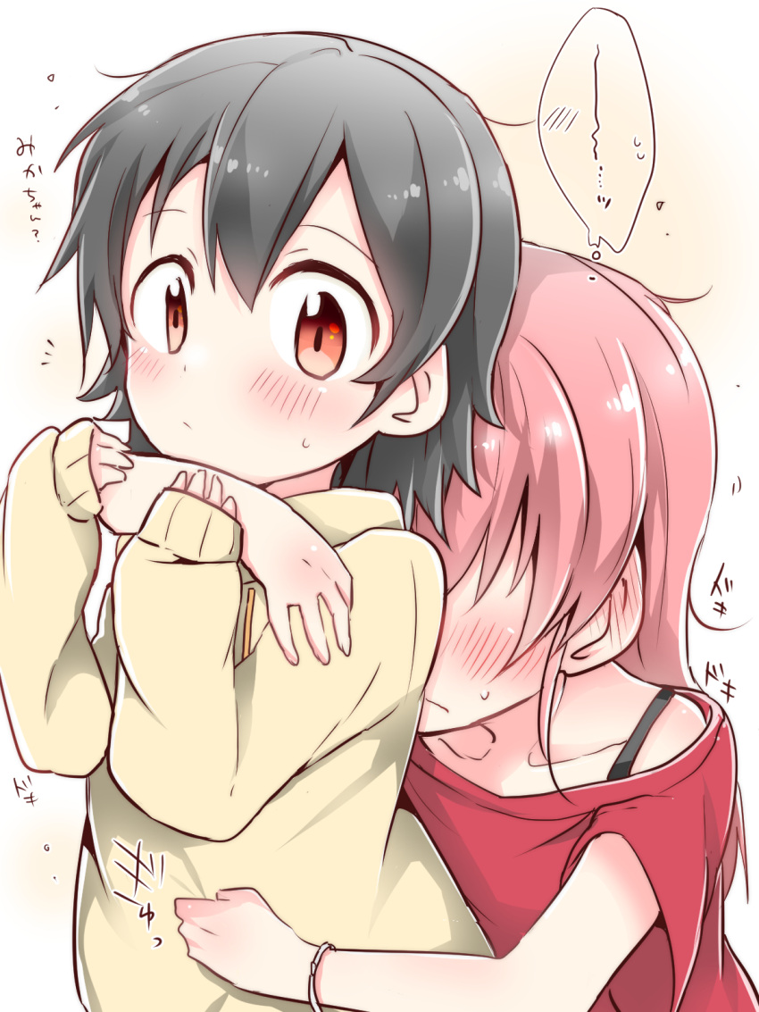 2girls akagi_miria black_hair blush brown_eyes clothes_grab covering_face highres hug hug_from_behind idolmaster idolmaster_cinderella_girls jougasaki_mika long_hair multiple_girls pink_hair yasaka_shuu