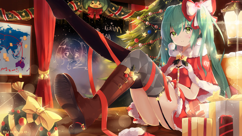 1girl artist_name boots christmas christmas_tree garter_straps gift green_eyes green_hair hatsune_miku highres k.syo.e+ knee_boots looking_at_viewer sitting solo thigh-highs twintails vocaloid